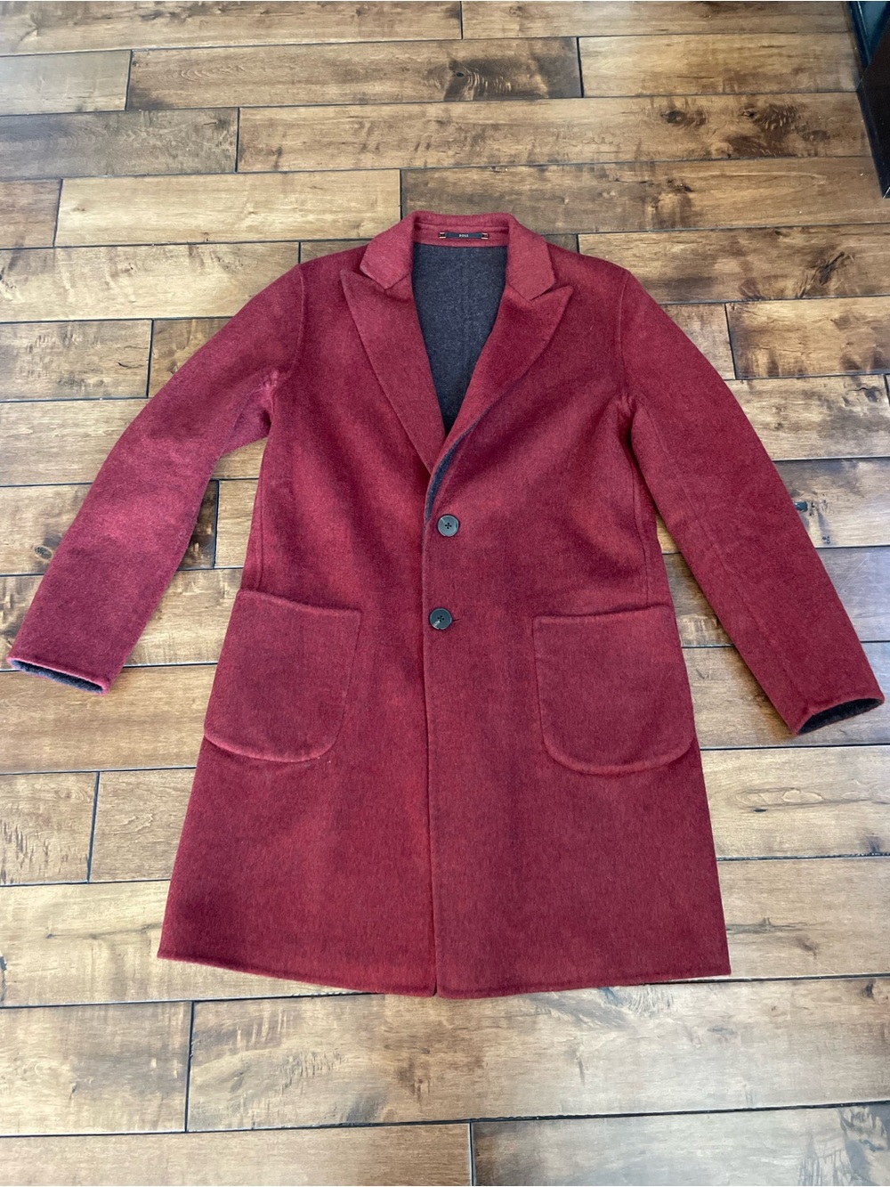 Boss Men's Reversible Burgundy and Grey Wool Coat
